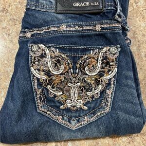 Grace Women's Blue Jeans with Embellished Pockets